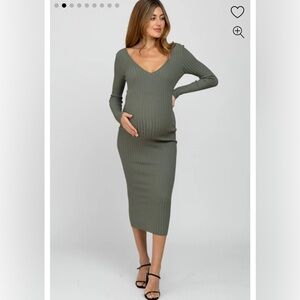 Pinkblush Olive Ribbed V-Neck Long Sleeve Maternity Midi Dress